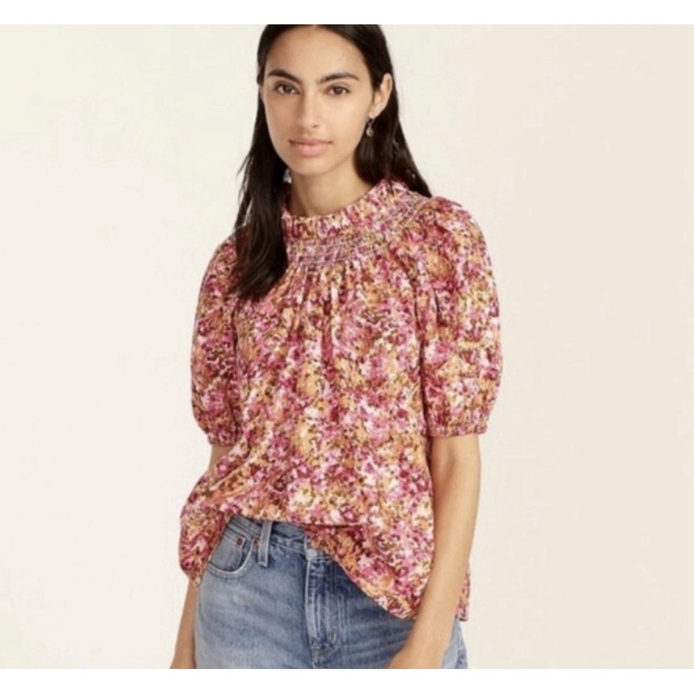 J. Crew Smocked Neck Puff-Sleeve Top in Faded‎ Floral Size Small Boho Festival